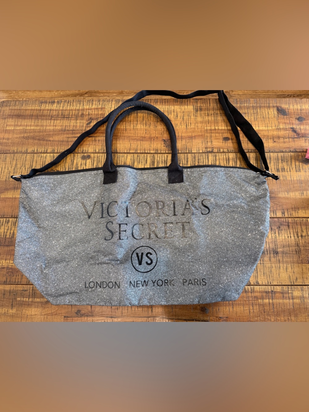 Victoria's Secret Silver Glitter Tote with Black Handles